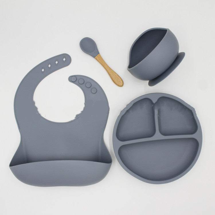 Silicone Baby Feeding Set | 4-Piece Suction Bowl, Divided Plate, Bib & Spoon for Toddlers