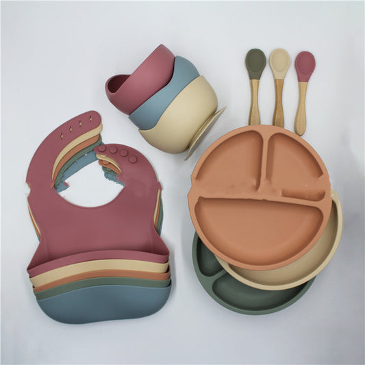 Silicone Baby Feeding Set | 4-Piece Suction Bowl, Divided Plate, Bib & Spoon for Toddlers